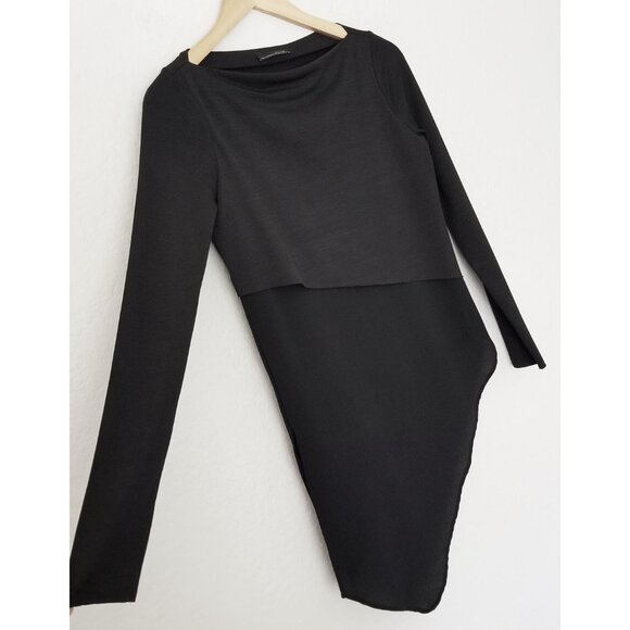 ZARA Long Sleeve Asymmetric Tiered Layered Top Tunic Blouse S Black Minimalist - Picture 6 of 12